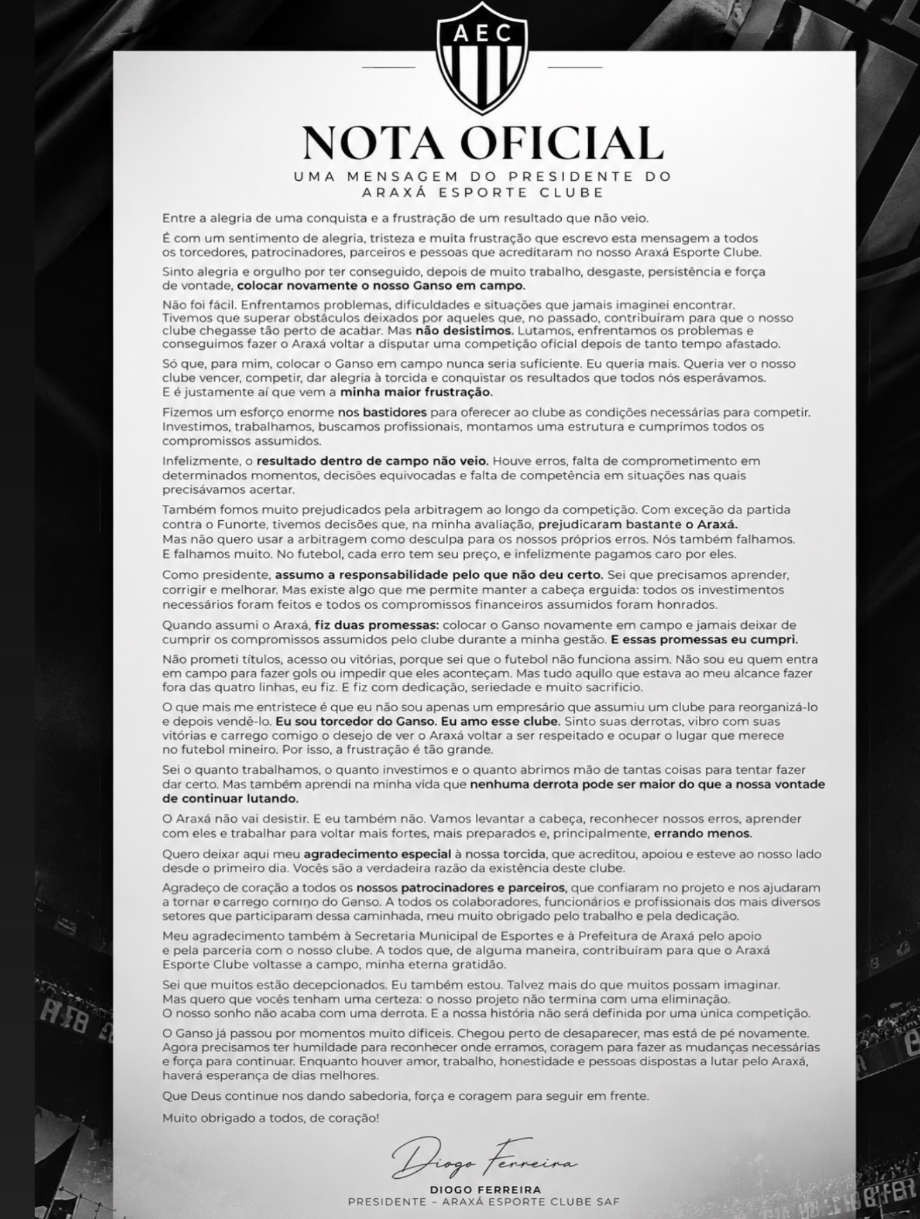 Nota oficial assinada por Diogo Ferreira, presidente do Araxá Esporte Clube SAF